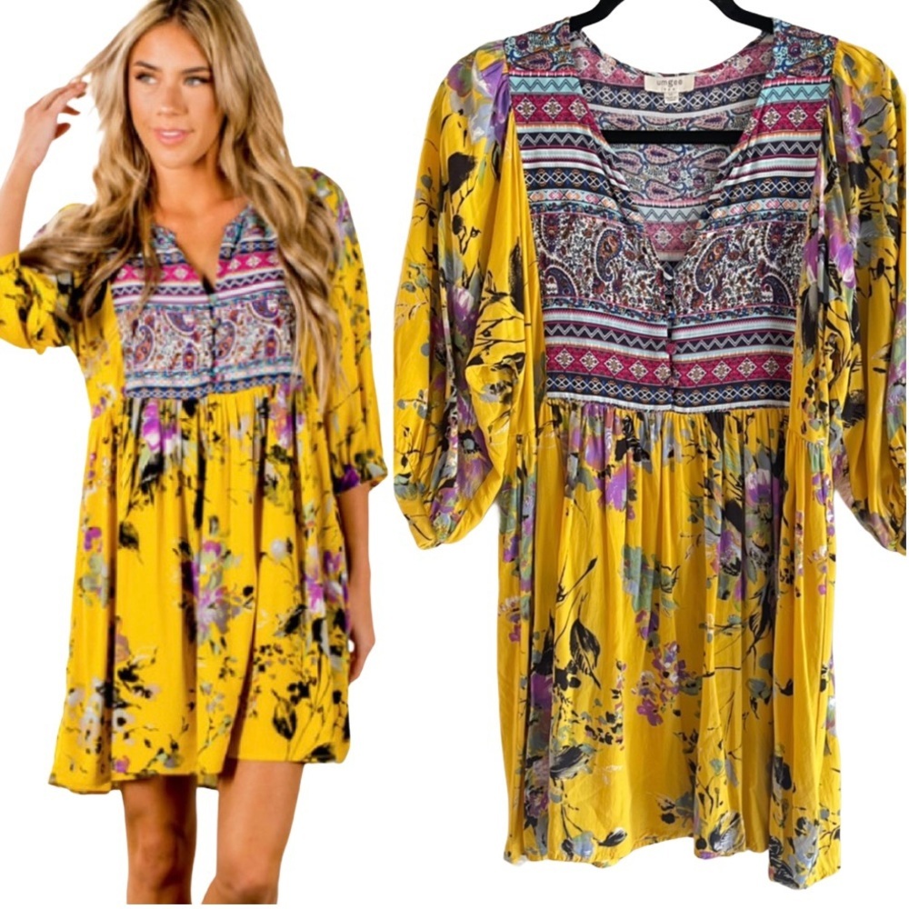 Umgee Yellow Multicolor Floral Mini Tunic Dress M